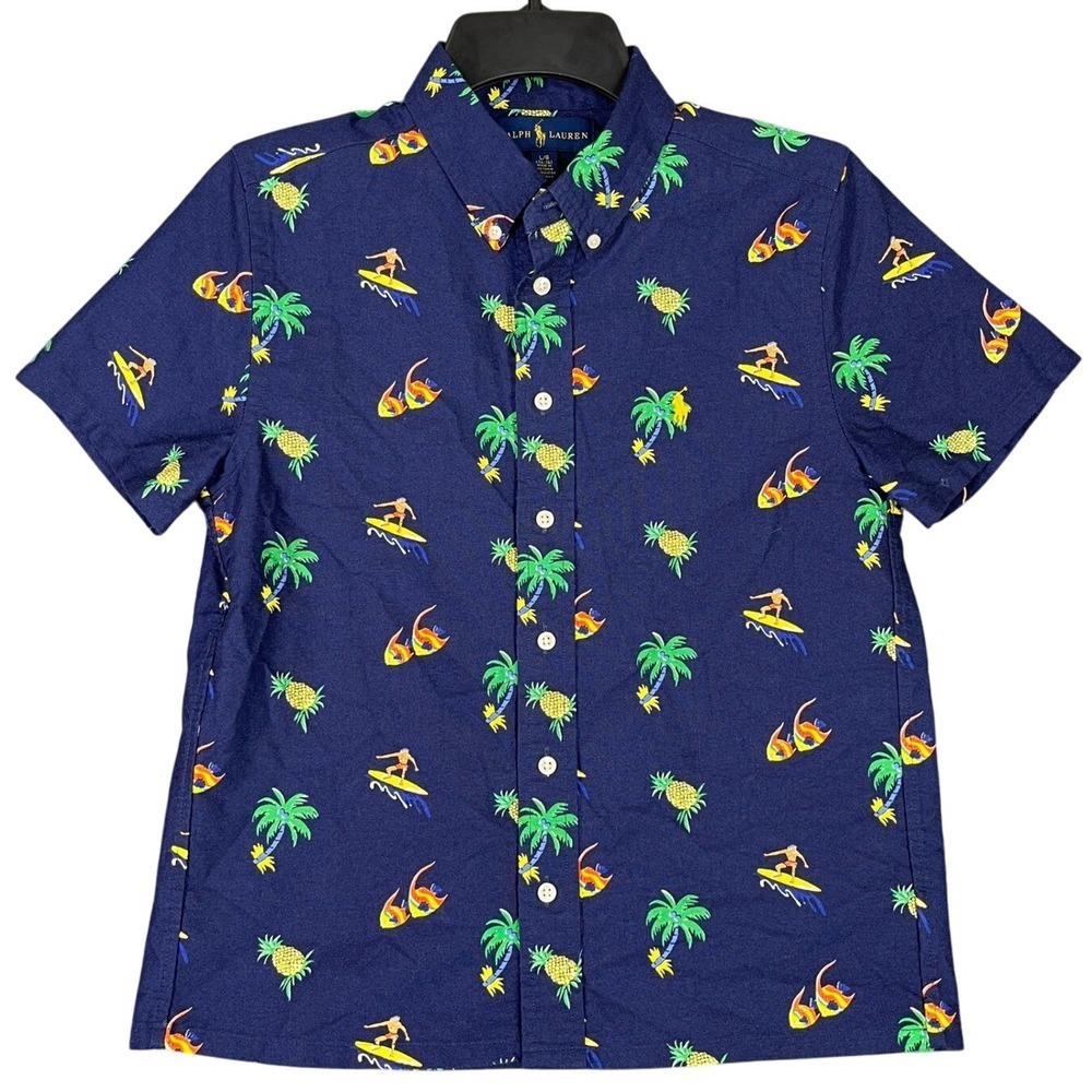 Ralph Lauren Shirt Kids Size L(14-16) Surf Palm Pineapple Fish‎ Hawaiian Travel